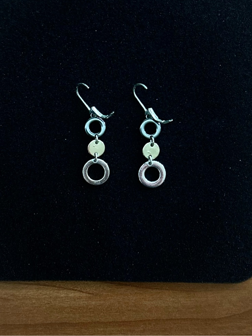 Tri-Color Circle Drop Earrings - silver gold gunmetal - 1 1/2” long